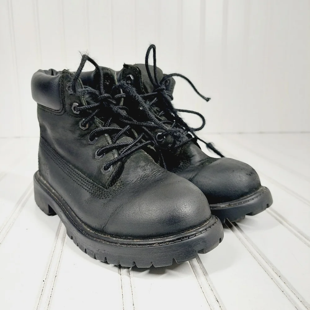 Timberland '6' Classic Black Leather Lace Up Kids Winter Boots A384